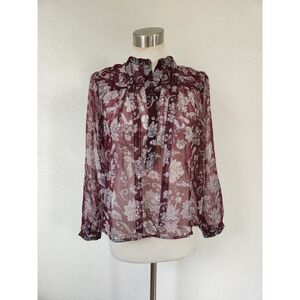 Lucky‎ Brand Long Sleeve Sheer Burgundy Floral Blouse Womens XS